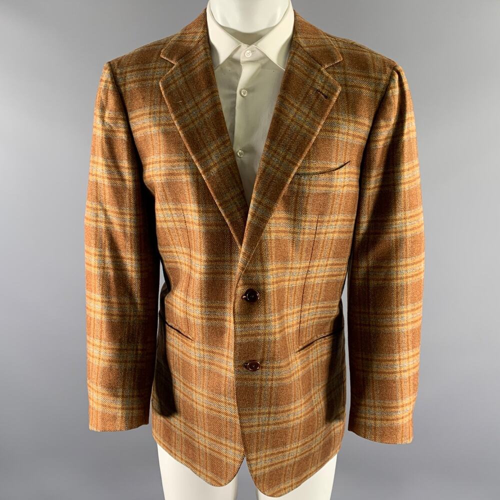 BORRELLI Size 44 Brown Camel Plaid Cashmere Notch Lapel Sport Coat